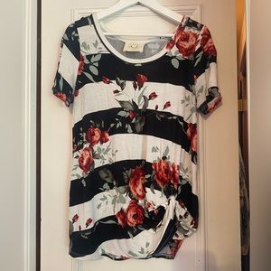 Comfy floral black and white striped top